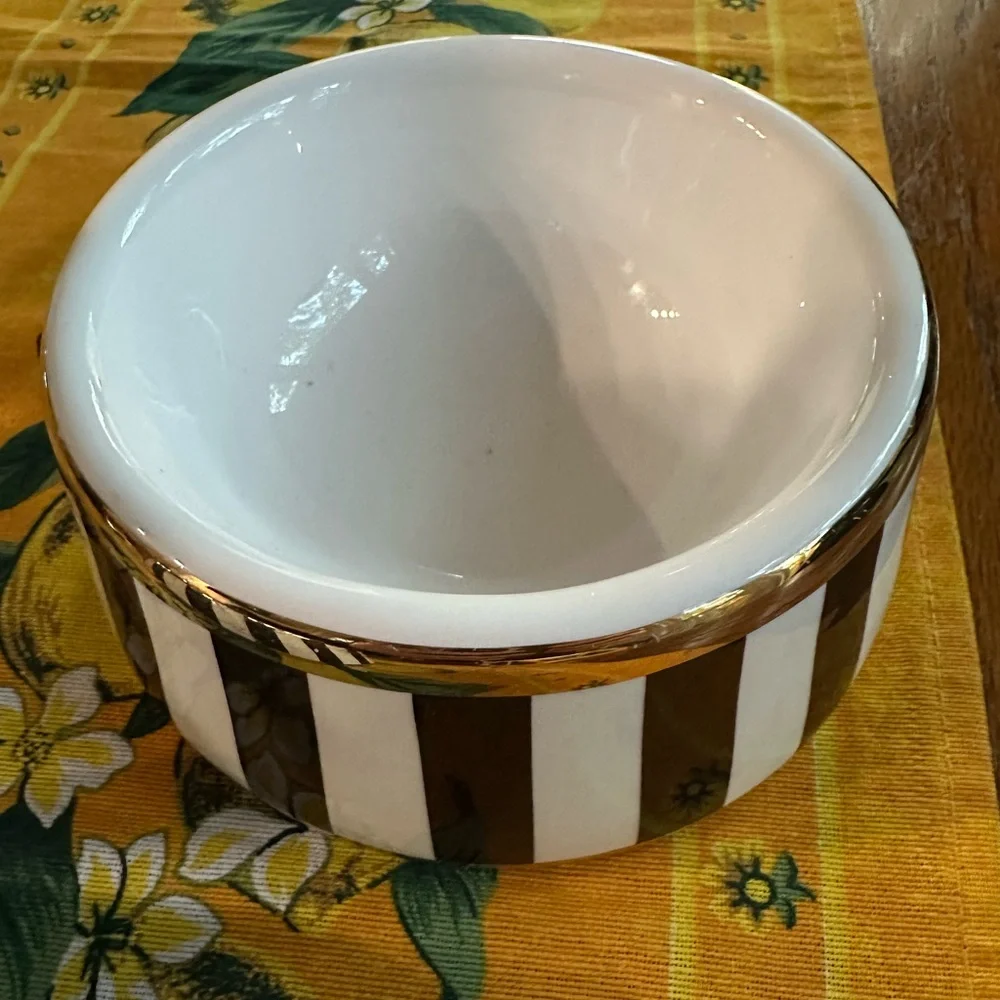 Vintage Henri Bendel Centennial Stripe and Gold Rimmed Pet Bowl Pair in EUC